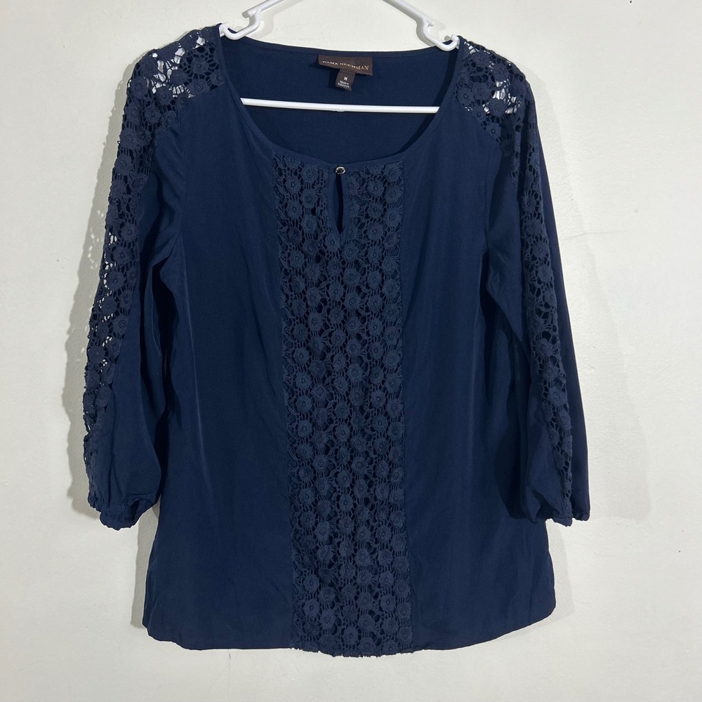 Dana‎ Buchman Women's Navy Blue Lace Detail 3/4 Sleeve Blouse Size M